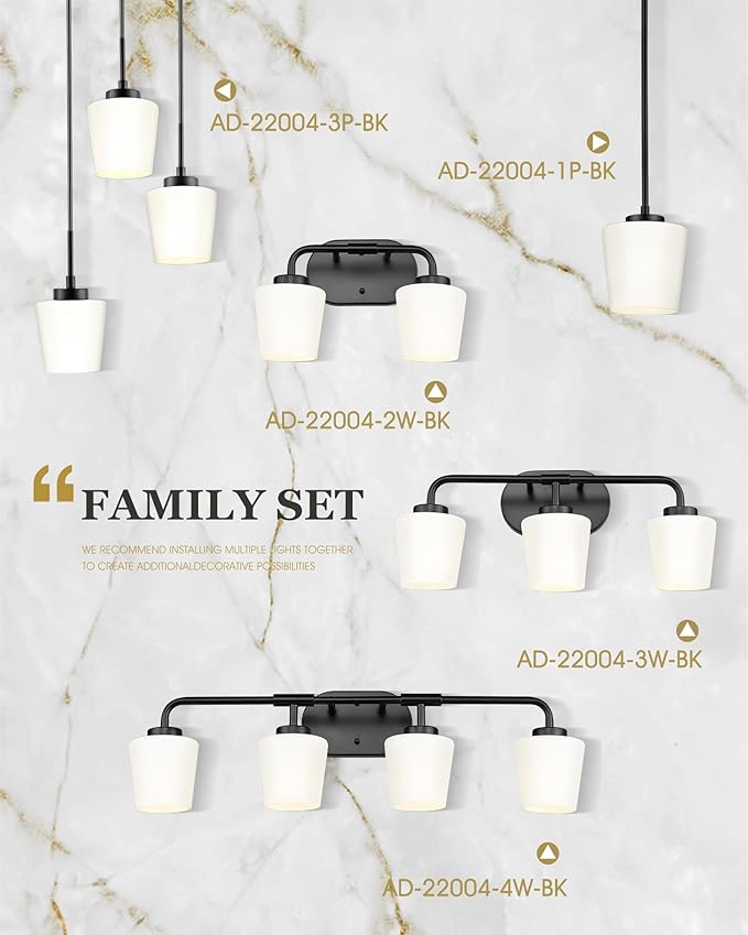 Bathroom Light Fixtures Over Mirror, 2-Light Matte Black Vanity Lighting Fixtures with Milk White Glass, Vintage Farmhouse Wall Sconces Lighting, AD-22004-2W-BK