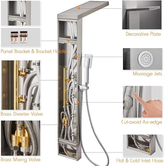 ROVATE 4-in-1 Rainfall Waterfall Shower Panel Tower System, Brushed Finish | Shower Column with Body Massage Jets and Handheld, Stainless Steel High Pressure, Use Multiple Functions Simultaneously