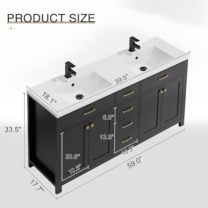 LUCKWIND 60" Bathroom Vanity and Sink Combo, Painted Modern Bathroom Storage Cabinet with Double Sink, Four Doors and Three Drawers, Include Faucet, Without Mirror, Black