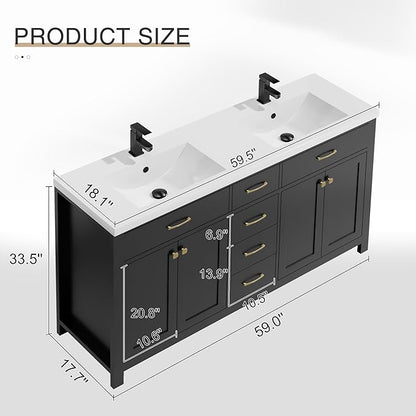 LUCKWIND 60" Bathroom Vanity and Sink Combo, Painted Modern Bathroom Storage Cabinet with Double Sink, Four Doors and Three Drawers, Include Faucet, Without Mirror, Black