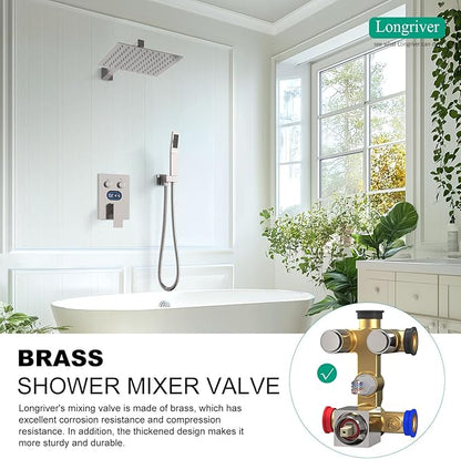 Push Button Diverter Shower Faucet Set Hydro Power Temperature Display, Shower System 12 Inch Shower Head with Handheld Spray, Wall Mounted Shower Fixtures with Valve and Trim Kit, Brushed Nickel