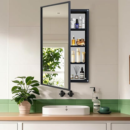Black Bathroom Medicine Cabinet with Mirror Squared Rectangle Metal Frame Recessed Or Wall Mounted Single Door Storage Medicine Cabinets with 3 Adjustable Shelves (Black, 20 * 30'')