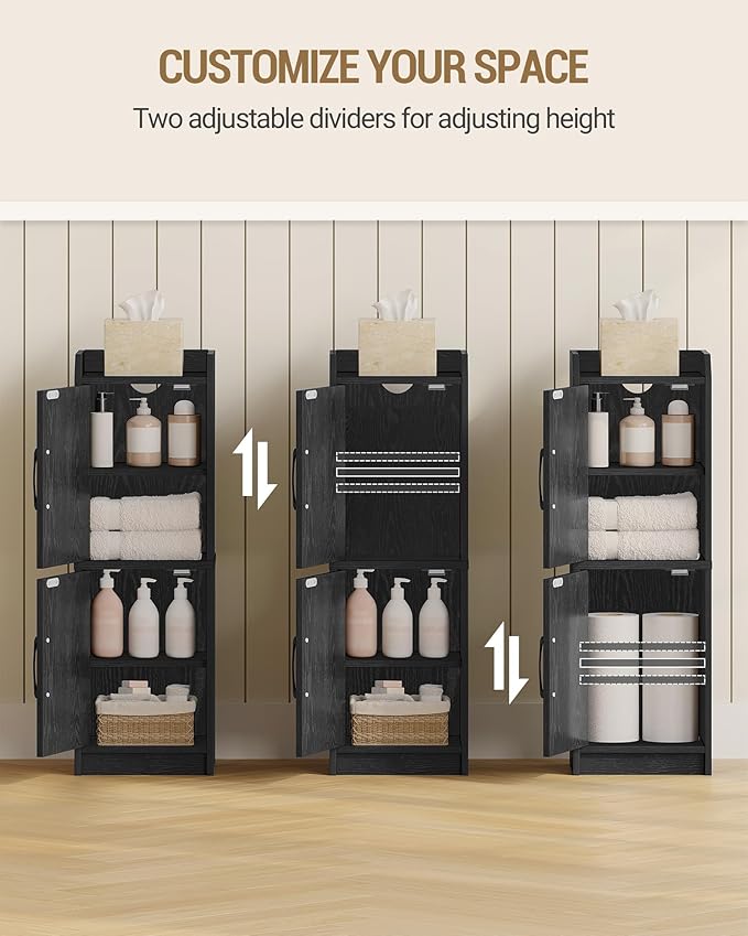Bathroom Storage Cabinet, Small Corner Floor Cabinet with Door and Shelves, Narrow Bathroom Organizer and Paper Storage with Adjustable Shelves, for Small Spaces, Black BC27104X
