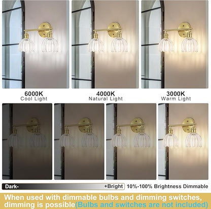 Vintage Bathroom Light Fixtures,2-Light Hardwired Vanity Lights with Clear Tulip Glass Shade,Gold Bathroom Vanity Light for Mirror Restroom,E26 Socket,14.57 in(Bulbs Not Included)