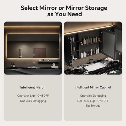 Single/Double Sink Bathroom Vanity, Solid Wood Vanity with Smart Defog Mirror Cabinet, Floating Vanity Cabinet with Storage