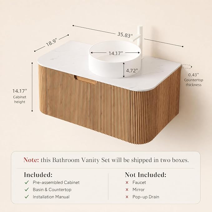 36 Inch Bathroom Vanity with Sink, Floating Wall Mounted Single Sink Vanity, Natural Woodgrain Curved Fluted Front, Stone Top, Pure White Round Vessel Basin, Pre-Assembled
