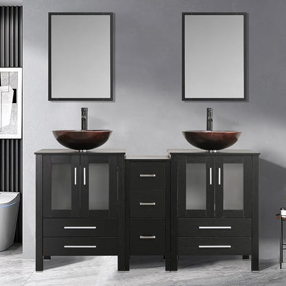 60" Black Bathroom Vanity Set,Double Vanity with Double Vessel Sink Combo and Removable Side Cabinet,Mirror Not Included (A09)