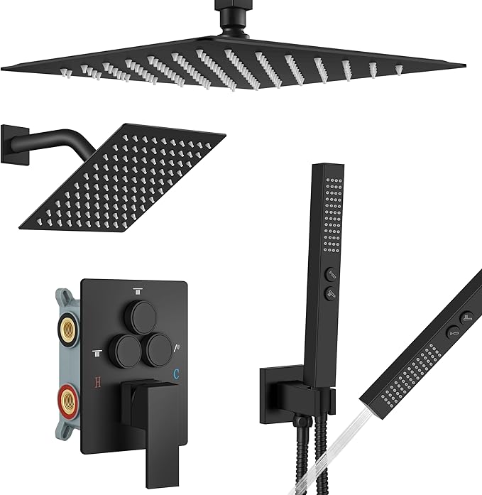 Aolemi Ceiling Shower Faucet Set System Dual Head 12&6 Inch Matte Black | 2 in 1 Handheld Spray,Shower Valve and Trim Kit,Push Button Diverter, 12"Top+6" Wall Rain Head,Bathroom Mixer for Couple