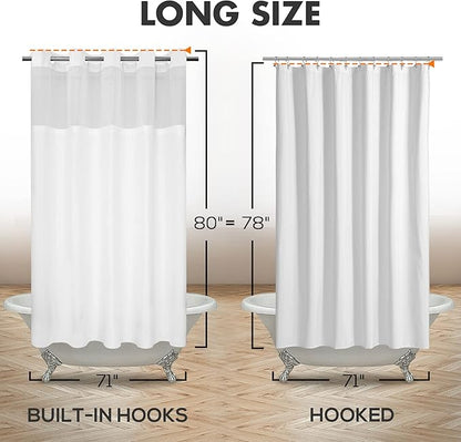 River Dream Long No Hook Slub Textured Shower Curtain with Snap-in PEVA Liner Set - 71" x 80"(78"), Hotel Style with See Through Top Window, Fabric Curtain & Waterproof Liner, White, 71x80