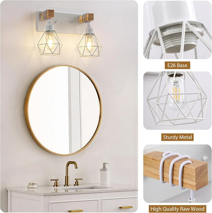 VbiTmn Bathroom Light Fixtures, 2 Light White Farmhouse Wood Vanity Lights | Rustic Design, Diamond Metal Shades, Easy to Install, Wall Sconces for Bathroom, Bedroom, Makeup Area, Over Vanity Mirror