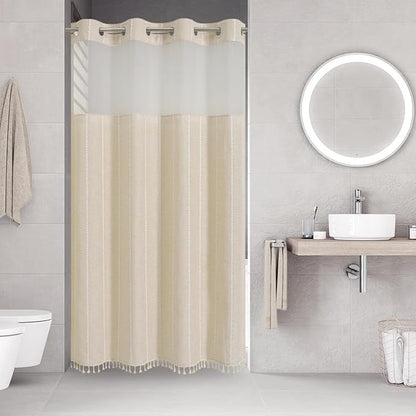 eachope No Hook Stall Shower Curtain with Snap-in Fabric Liner - 54x80 Heavy-Duty Linen Textured Striped Design,Narrow Rustic Modern Farmhouse Bohemian Bathroom Curtain,Water-Repellent,Cream/Beige | 330GSM Heavy-Duty Linen Textured Striped Design,Narro...
