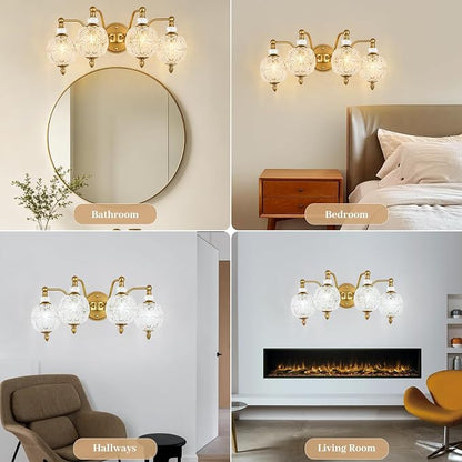 Vintage Bathroom Vanity Light, 4-Light Mid Century Matte Brass Finish Wall Sconce with Globe Glass Shades, Retro Mirror Light for Bathroom, Powder Room