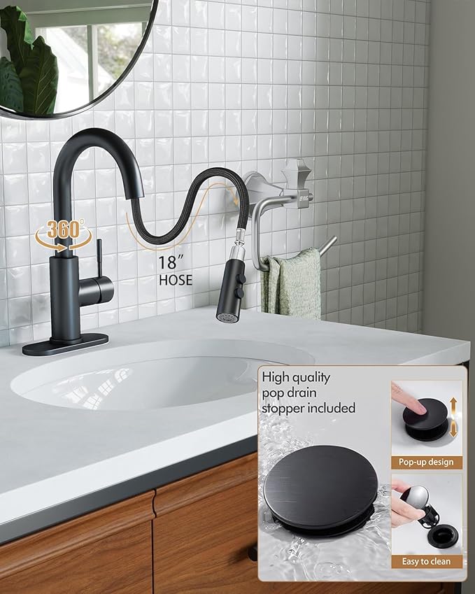Fransiton Bathroom Faucets, Bar Sink Faucet Single Hole for Bathroom Kitchen Campers with Deck Plate Outdoor Faucet Vessel Farmhouse Vanity Lavatory (Matte Black - Pull Sprayer - A)