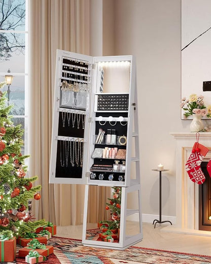 Hzuaneri 16 LEDs Jewelry Cabinet Armoire, Standing Jewelry Organizer | Lockable Full-length Mirror, 360° Rotating Base, 5-tier Storage Shelves, 4-in-1 Design, 61.5" H, White and Black JC15903B