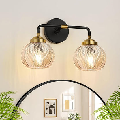 MOKATNG Bathroom Light Fixtures, 2-Light Amber Vanity Lights with Unique Leaf Texture Glass Shade, Modern Matte Black and Gold Bathroom Wall Lamp for Mirror Hallway Cabinet Living Room