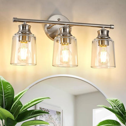 Bathroom Light Fixtures Over Mirror, 3 Lights Vanity Lights with Clear Glass Shade, 18.1" Brushed Nickel Farmhouse Bathroom Wall Light Fixtures for Bedroom, Hotel, Mirror Cabinet