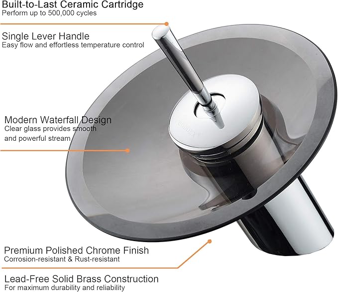 Waterfall Bathroom Sink Faucet Unique Brass Modern Circle Brown Glass Waterfall Faucet for Vanity Single Hole Pedestal Sink Faucets One Handle Corner Sink Bathroom Faucet, olished Chrome