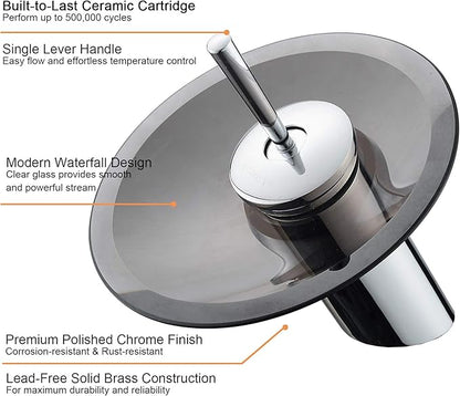 Waterfall Bathroom Sink Faucet Unique Brass Modern Circle Brown Glass Waterfall Faucet for Vanity Single Hole Pedestal Sink Faucets One Handle Corner Sink Bathroom Faucet, olished Chrome