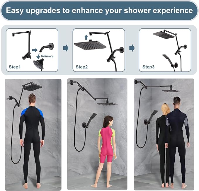 BRIGHT SHOWERS High Pressure Rain Shower Head Combo with Double Extension Arm, 8 Inch Rainfall Shower Head with Handheld Spray, Height Adjustable Dual Square Showerhead Set, Oil-Rubbed Bronze