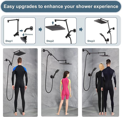BRIGHT SHOWERS High Pressure Rain Shower Head Combo with Double Extension Arm, 8 Inch Rainfall Shower Head with Handheld Spray, Height Adjustable Dual Square Showerhead Set, Oil-Rubbed Bronze