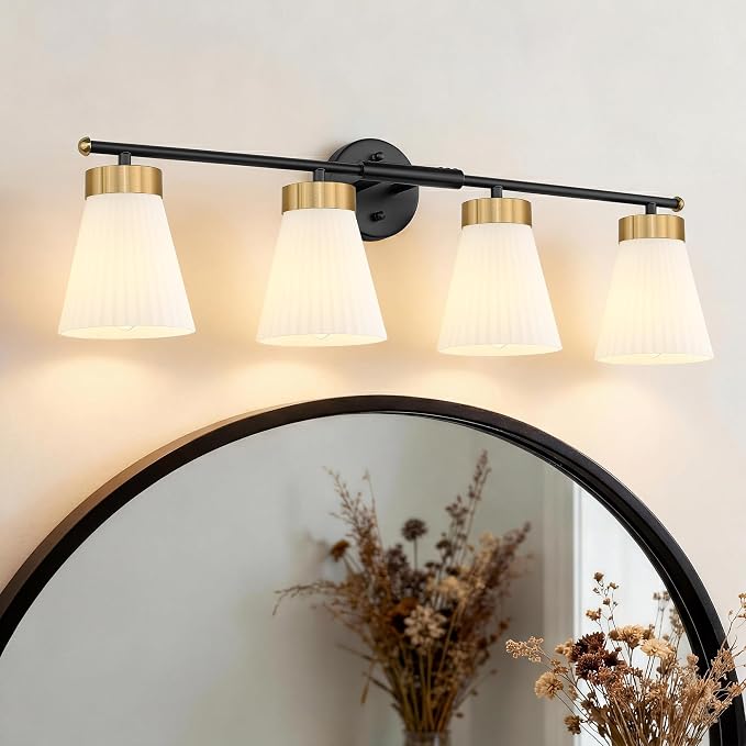 4-Light Bathroom Light Fixture, HWH 32 Inch Vanity Lights Over Mirror, Modern Sconce Wall Lighting with Frosted Milk White Striped Glass, Black and Gold Finish, 5HZG97B-4W BK+BG