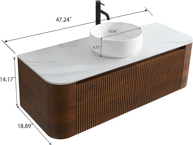 48" Preassembled Floating Bathroom Vanity with Round Sink, Walnut | Mid-Century Modern Style, Fluted & Soft-Close Drawer with U-shaped Wall, Sinterted Stone Countertop, Towel Rack Included
