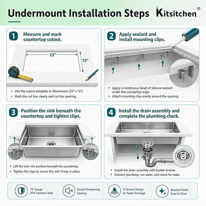 Kitsitchen RV Kitchen Sink,16 Guage T304 Stainless Steel Undermount Kitchen Sinks with Sink with Strainer & Bottom Gird, 25" x 15" x 7" Single Bowl Drop In Kitchen Sink For RV, Outdoor,Bathroom