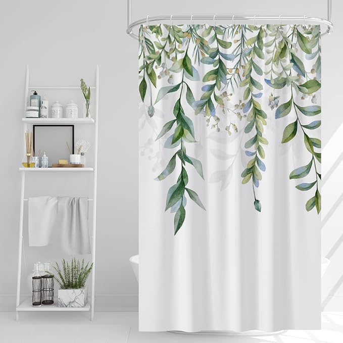 AWERT Green Mixed Light Blue Plant Shower Curtain with 8 Hooks Decorative Sage Green Shower Curtain for Bathroom Waterproof Fabric 48x72inch