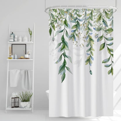 AWERT Green Mixed Light Blue Plant Shower Curtain with 8 Hooks Decorative Sage Green Shower Curtain for Bathroom Waterproof Fabric 48x72inch