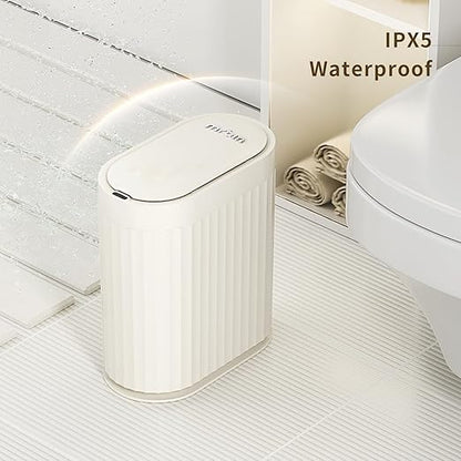 MRBIN Small Trash Can for Bathroom, Automatic Touch Less Garbage Bin with Lid, 2 Gallon Plastic Slim Waste Basket for Office and Kitchen, Electric Motion Sensor Bedroom Bin, Cream White