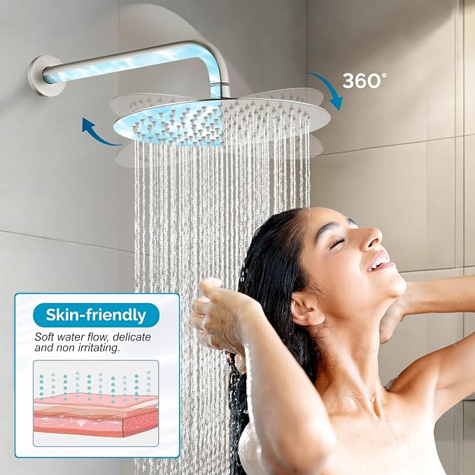 gotonovo Slide Bar Shower System Faucet Set Complete,Brushed Nickel,10 Inch | Rain Round Shower Head with 6-Modes Handheld Spray,Valve and Trim Kit Included,Bathroom Wall Mount,All Metal,2-In-1 Diverter