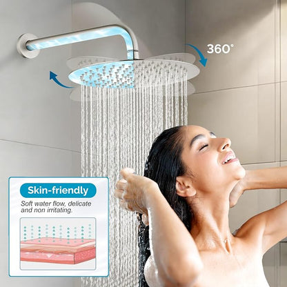 gotonovo Slide Bar Shower System Faucet Set Complete,Brushed Nickel,10 Inch | Rain Round Shower Head with 6-Modes Handheld Spray,Valve and Trim Kit Included,Bathroom Wall Mount,All Metal,2-In-1 Diverter