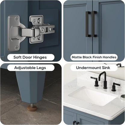 30 Inch Bathroom Vanity with Sink, Single Sink Bathroom Vanity with Adjustable Feet, Solid Wooden Frame Bathroom Storage Cabinet with Soft Closing Doors & Dovetail Drawers, Steel Blue