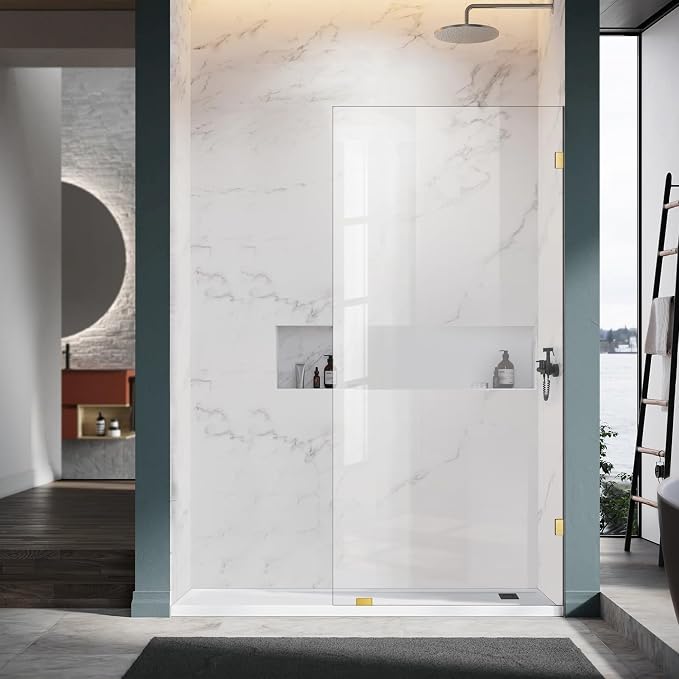 Shower Glass Panel, 30.5" W x 78.75" H Fixed Shower Screen Panel with 3/8"(10mm) SGCC Clear Tempered Glass, Frameless Walk in Shower Door for Bathroom (Brushed Gold, 30.5" W x 78.75" H)