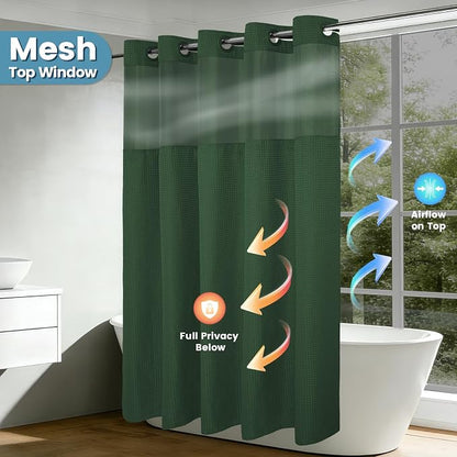 EUTXL 256GSM Heavyweight Shower Curtain and Liner Set - Waffle Weave Textured Heavy Duty,Hotel Luxury Weighted Bath Curtain,71W x 74H,Dark Green