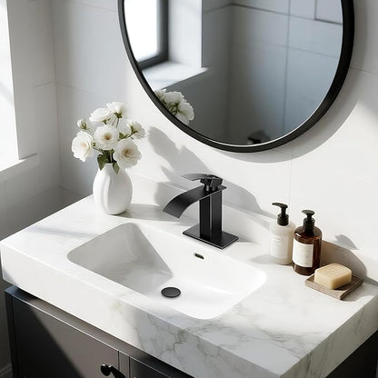 Matte Black Bathroom Faucets, Waterfall Bathroom Sink Faucet Single Handle Bathroom Faucet for 1 or 3 Hole, Mixer Tap Vanity Faucet with Deck Plate, Pop-up Drain and Supply Hoses