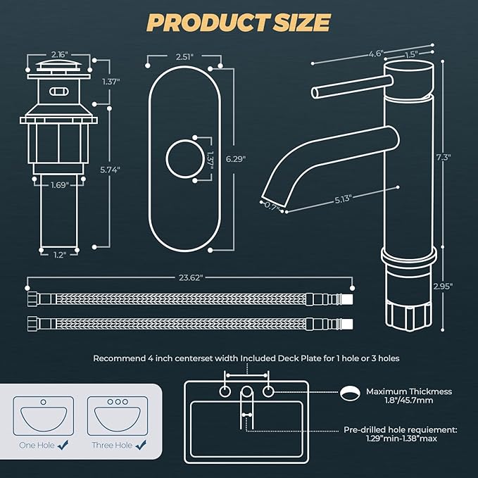FORIOUS Single Hole Bathroom Faucets 1 Handle, Chrome Bathroom Sink Faucet with Metal Pop up Drain and Supply Hose, Suitable for Vanity Lavatory Restroom Remodel