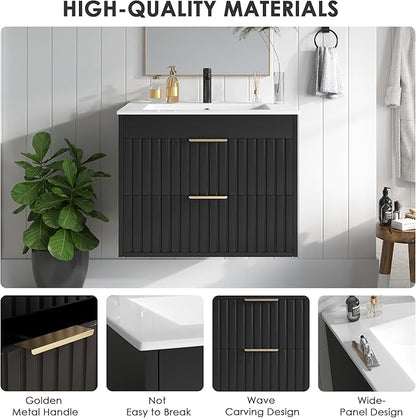 24" Bathroom Vanity with Sink, Floating Bathroom Vanity with 2 Fluted Drawers & Metal Handle, Wall Mounted Cabinets with Integrated Ceramic Sink for Apartment, Home, Black