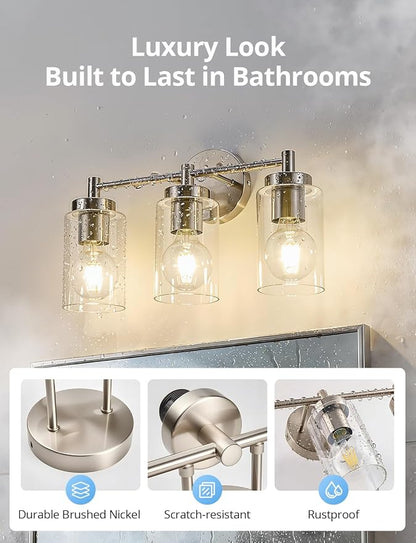 3-Light Brushed Nickel Bathroom Vanity Light, Farmhouse Wall Sconce | 17.12", Brushed Nickel Restroom Lamp, Clear Glass, Bright Makeup Lighting, above Mirror, Tool-Free E26 Bulb Swap, No Bulbs