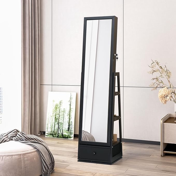 Full Length Jewelry Cabinet Standing With Built-In Mirror Jewelry Armoire With Mirror Drawers, Lockable Storage Mirror With Storage Racks Black