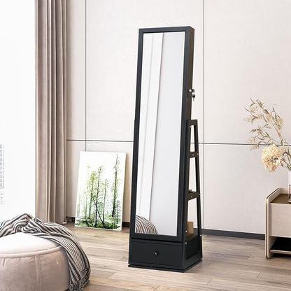 Full Length Jewelry Cabinet Standing With Built-In Mirror Jewelry Armoire With Mirror Drawers, Lockable Storage Mirror With Storage Racks Black
