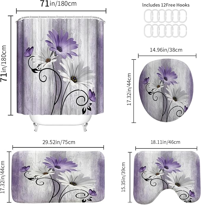 Onalasyc 4PCS Purple Daisy Bathroom Sets with Shower Curtain and Rugs | Country Floral Butterfly Shower Curtain Set,Modern Bathroom Decor Shower Curtains Set with Rugs Toilet Lid Cover and 12 Hooks