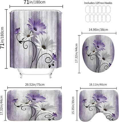 Onalasyc 4PCS Purple Daisy Bathroom Sets with Shower Curtain and Rugs | Country Floral Butterfly Shower Curtain Set,Modern Bathroom Decor Shower Curtains Set with Rugs Toilet Lid Cover and 12 Hooks