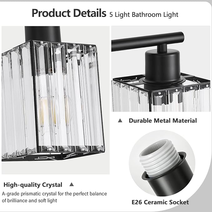 5 Light Bathroom Light Fixtures, Modern Crystal Vanity Lights over Mirror | Metal Frame, Bathroom Light with Square Crystal Shade, ETL Certified, E26 Ceramic Socket, Bulbs Not Included