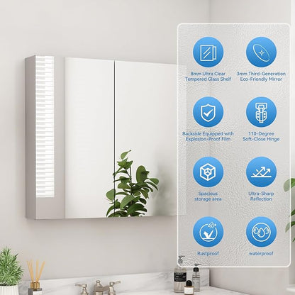 Sunrosa Aluminum Bathroom Medicine Cabinet with Mirror Door, 36"×27.5" Bathroom Mirror Cabinet,Wall-mountable and Recessed-in Mirror Cabinet, 2 Door Medicine Cabinet Organizer with Mirror