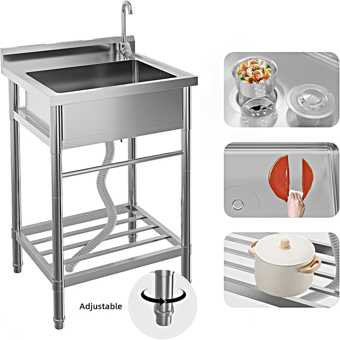 Free Standing Utility Sink, 24" Single Bowl Stainless Steel Commercial Kitchen Sink with Cold and Hot Water Pipe, for Indoor & Outdoor | Free Standing Utility Sink with Cold and Hot Water Pipe, for Kitchen, Laundry