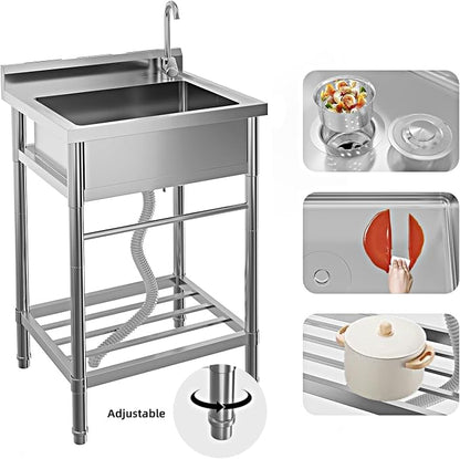 Free Standing Utility Sink, 24" Single Bowl Stainless Steel Commercial Kitchen Sink with Cold and Hot Water Pipe, for Indoor & Outdoor | Free Standing Utility Sink with Cold and Hot Water Pipe, for Kitchen, Laundry