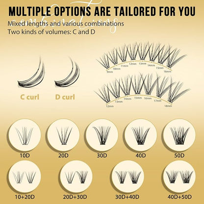 QUEWEL Lash Clusters 320Pcs 20D C Curl Lash Cluster Eyelash Extensions | Cluster Lashes Mix12-18mm Individual Eyelashes Clusters Wispy Lash Clusters Thin Band Soft to Use at Home (20D C Mix12-18)