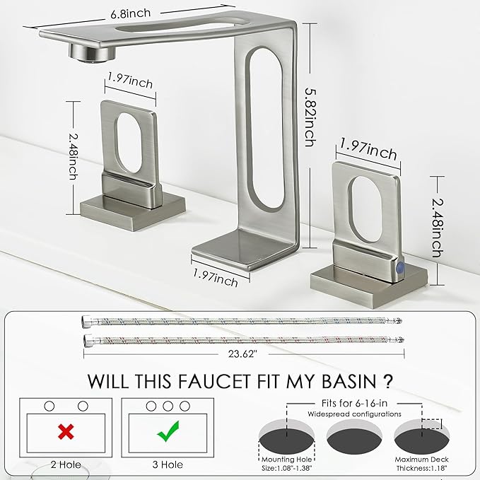 Bathroom Sink Faucet 3 Hole, BAKALA 8-inch Brushed Nickel Widespread Faucet, 2 Handle Modern Vanity Bathroom Faucets with Water Supply Hoses, Hollowed Design