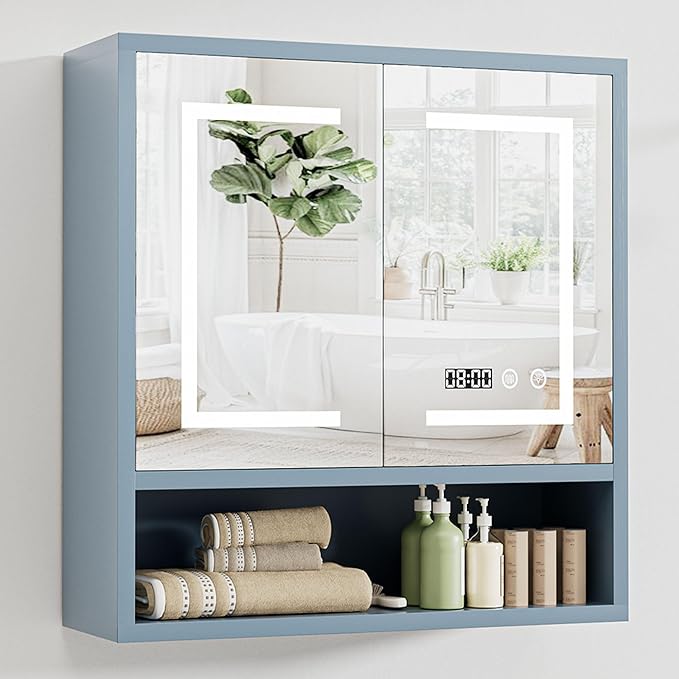 Bathroom Medicine Cabinet with Mirror, Lighted Storage Cabinet Wall Mounted with Doors & Adjustable Wood Shelf, Modern Bathroom Mirror with LED Lights Defogger for Makeup Laundry/Living Room, Grey